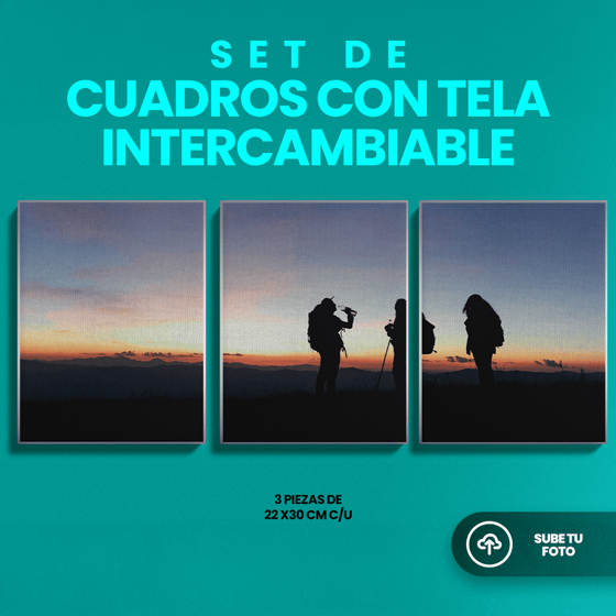 Set de tres cuadros de 22x30 cm cada uno, personalizados con tu imagen y montados en Magic Frame con tela intercambiable