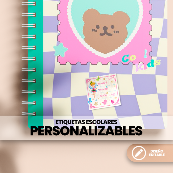 Etiqueta escolar infantil de 5x5 cm con diseño de hada, editable con nombre, materia y grado