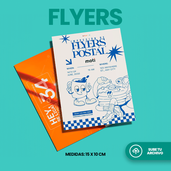 Flyer publicitario de 10X15 cm en tamaño postal, impresión personalizada, sube tu archivo